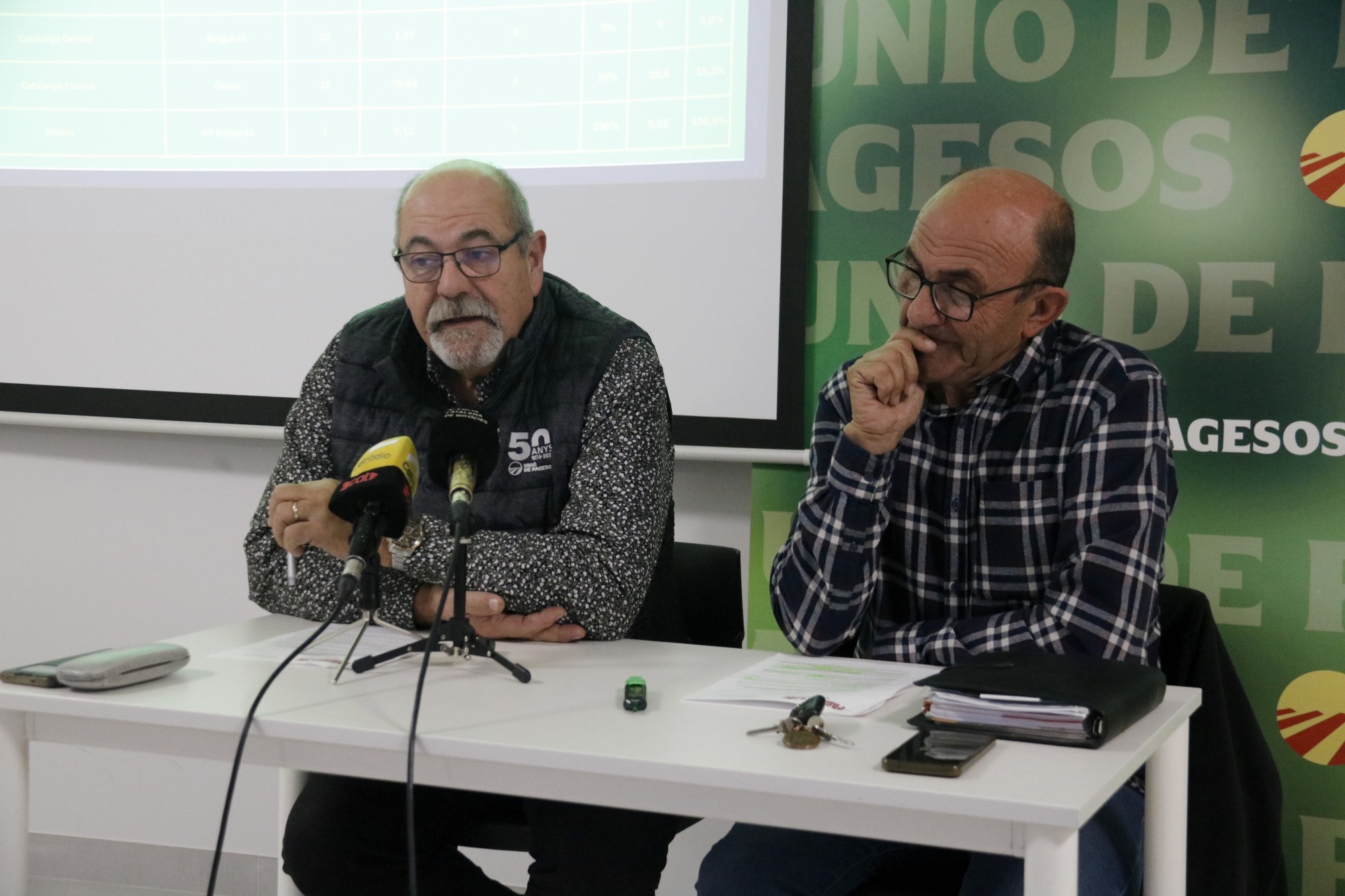 El coordinador de la Comissió especialitzada d'Energies Renovables d'Unió de Pagesos, Jaume Pedrós, i el responsable d'Energies Renovables del sindicat, Antoni Borràs, durant una roda de premsa a la seu d'UP de Lleida